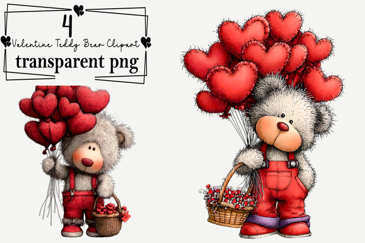 Valentine Teddy Bear Clipart Watercolor PNG example image 1