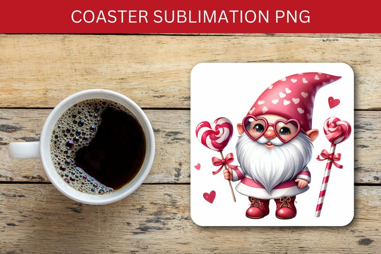 valentine square coaster - gnome with hearts