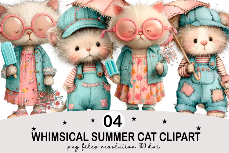 Whimsical Summer Cat Clipart Watercolor png