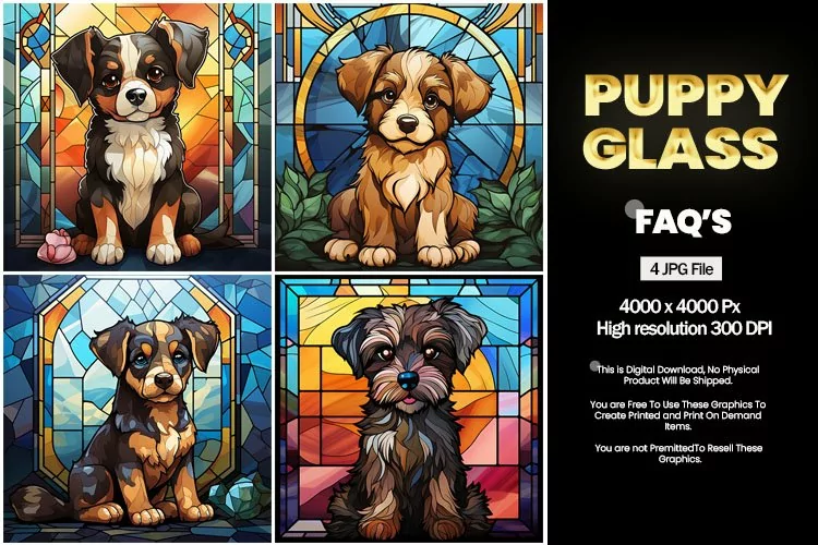 Puppy Stained Glass Square Coaster - 04 Variations