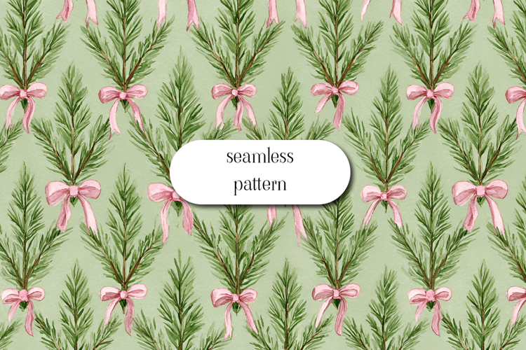 Watercolor Christmas Greenery Pattern with Pink Bows