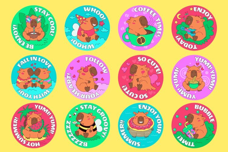 Cute Capybara Round Stickers with Funny Phrases example image 1