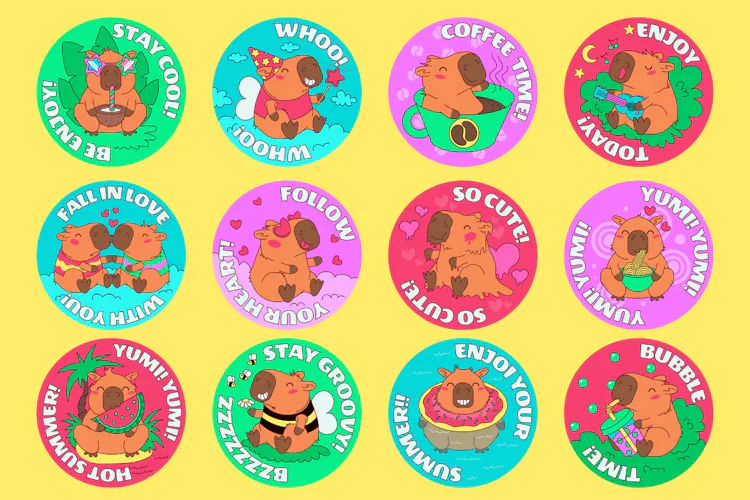 Cute Capybara Round Stickers with Funny Phrases