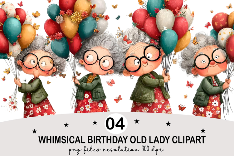 Whimsical Birthday Old Lady Clipart