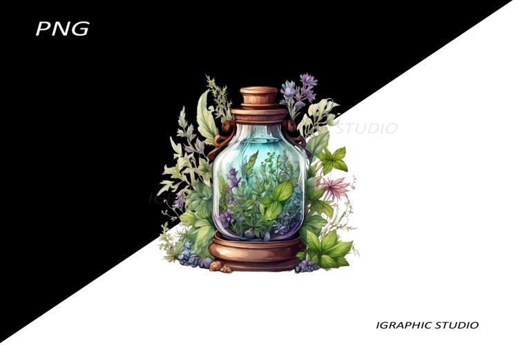 Watercolor herbs bottle clipart