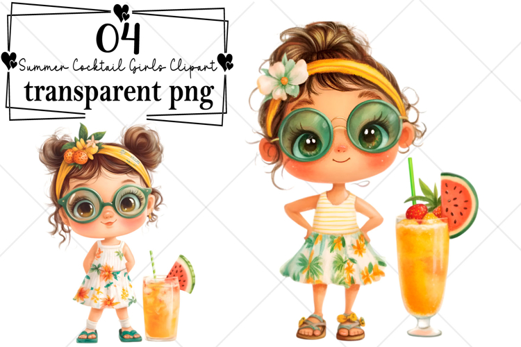 Whimsical Summer Cocktail Girls Clipart Watercolor PNG