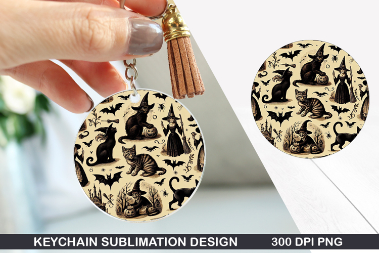 Halloween Cat Keychain Sublimation - Halloween Keychain PNG