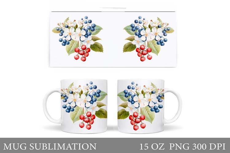 Berries Mug Sublimation. Flowers Mug Wrap Design