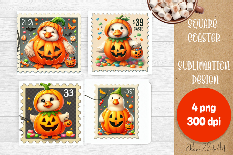 Halloween Postage Stamp Square Coaster, Boo Ghost Goose
