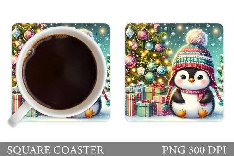 Cute Penguin Coaster Sublimation. Christmas Coaster Design