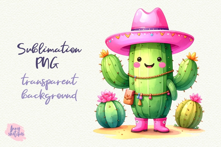 Funny Pink Cowboy Cactus Sublimation Design Kawaii Cacti
