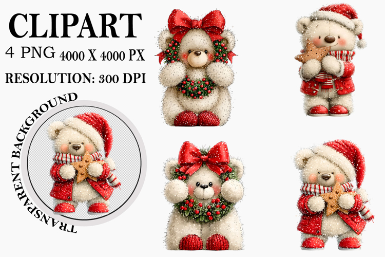 Whimsical Christmas Teddy Bear Clipart Watercolor PNG