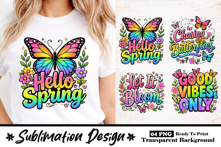 Hello Spring Rainbow Butterfly Sublimation Design