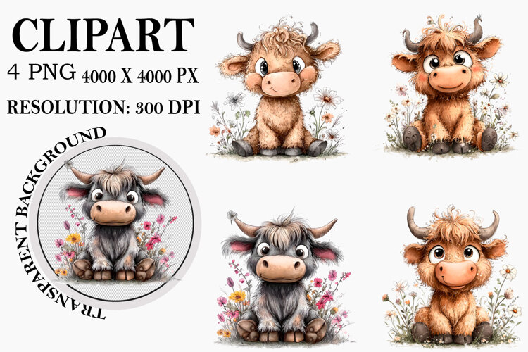 Highland Cow Clipart Watercolor PNG example image 1