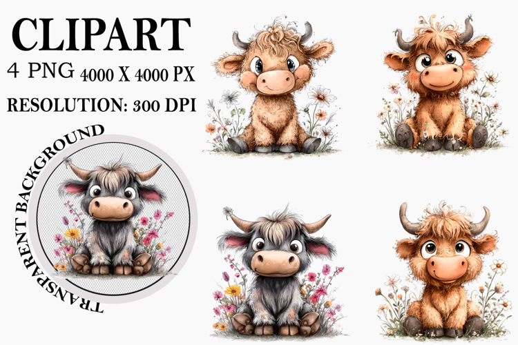 Highland Cow Clipart Watercolor PNG