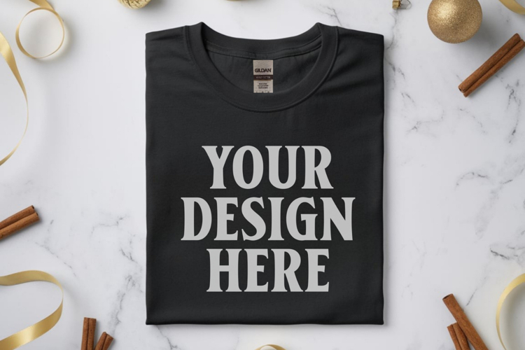 Gildan 64000 Black Folded Christmas Flat Lay T-shirt Mockup