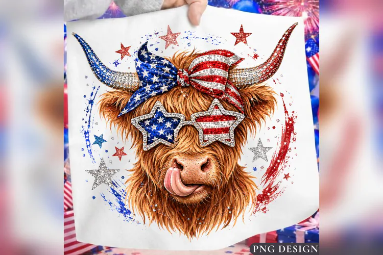 Patriotic Highland Cow PNG, USA Flag Bow Cow, 4th of July