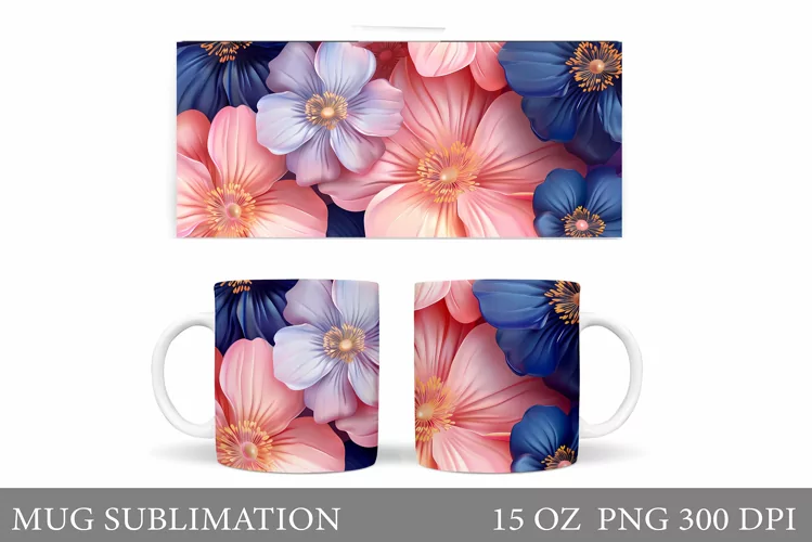 3D Flowers Mug Sublimation. Flowers Mug Wrap Design