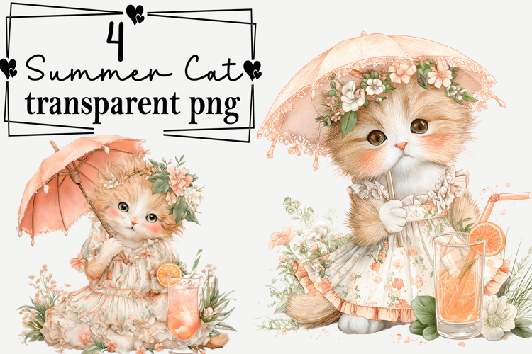 Whimsical Summer Cat Clipart Watercolor png