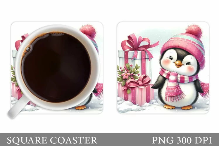 Cute Penguin Coaster Sublimation. Christmas Coaster Design