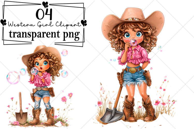 Whimsical Summer Western Girl Clipart Watercolor PNG