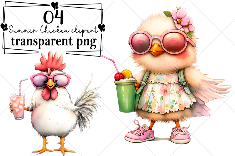 Whimsical Summer Chicken clipart Watercolor PNG