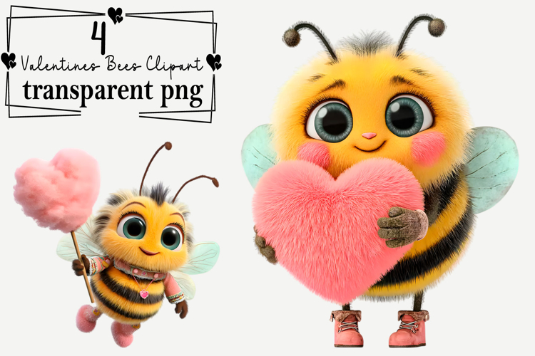 Valentines Bee Clipart Watercolor PNG example image 1