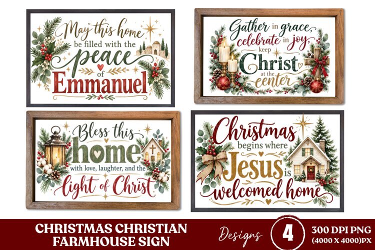 4 Christian Christmas Farmhouse Sign PNGs, 4 Rustic Christma example image 1