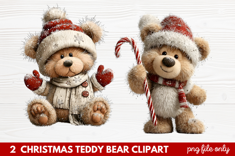 2 Christmas Teddy Bear Clipart | Cute Holiday Bear PNG Illus