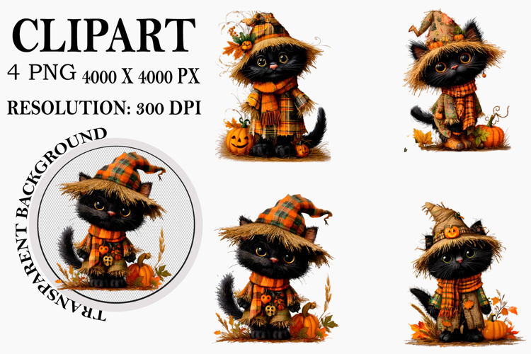 Halloween Black Cat Clipart Watercolor PNG
