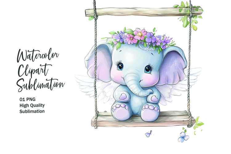 Cute elephant sitting in wooden swing clipart png