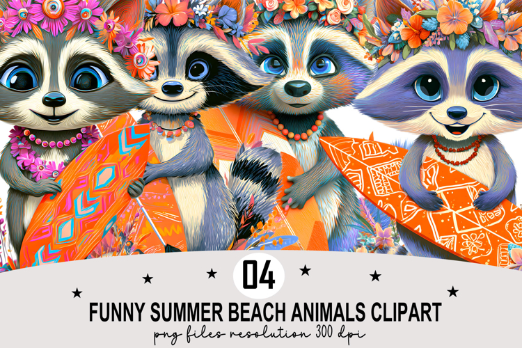 Funny Summer Beach Animals Clipart Watercolor PNG