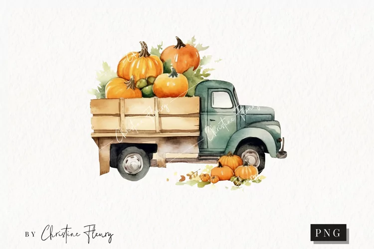 Watercolor Vintage Truck and Pumpkins Clipart | Fall PNG