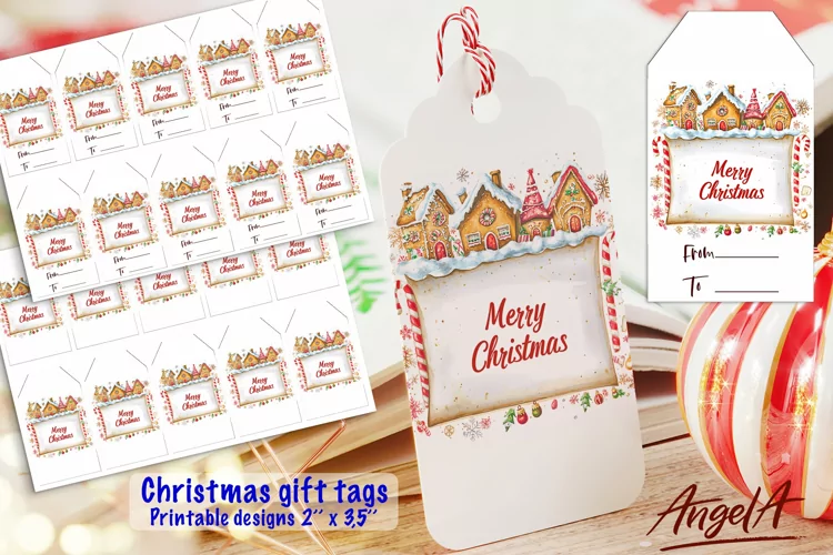 Merry Christmas printable gift tags, gingerbread houses