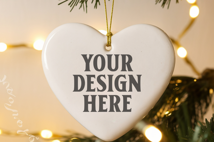 Romantic Christmas Ceramic Heart Ornament Mockup | Holiday