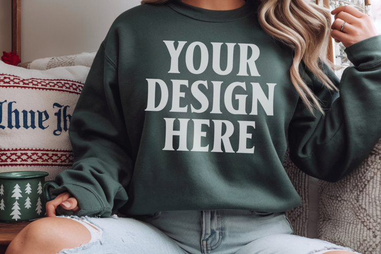 Comfort Colors 1566 Blue Spruce Sweatshirt Mockup, Cozy Boho