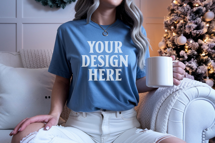 Comfort Colors 1717 Blue Jean Christmas T-Shirt Mockup, Boho