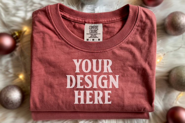 Crimson Comfort Colors 1717 Christmas Folded T-Shirt Mockup