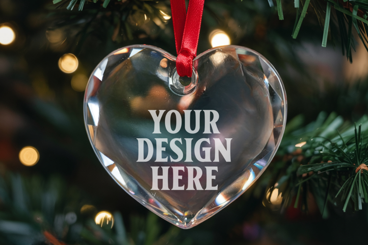 Christmas Heart Crystal Glass Ornament Mockup | Clear Heart