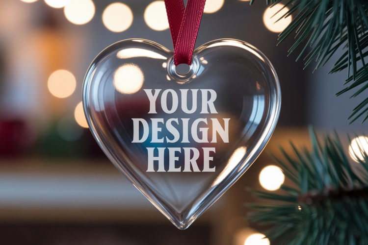 Christmas Heart Glass Ornament Mockup | Hanging Holiday Orna