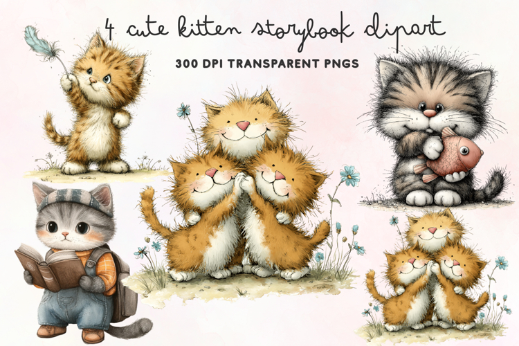Cute Kitten Storybook Clipart PNG