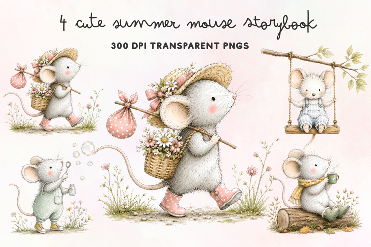 Cute Summer Mouse Storybook PNG