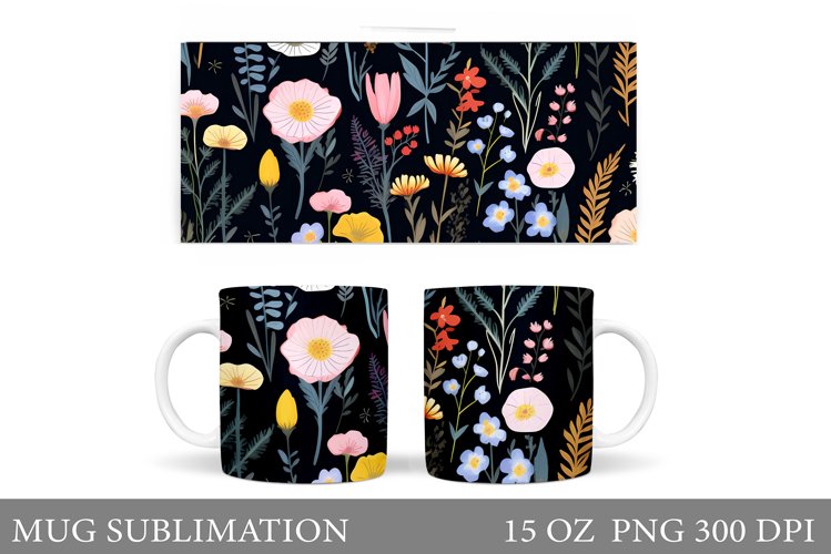 Wildflowers Mug Sublimation. Flowers Mug Wrap Design example image 1