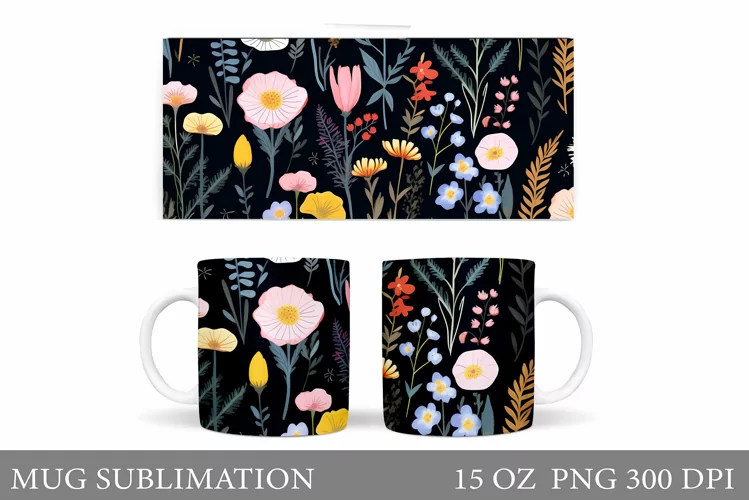 Wildflowers Mug Sublimation. Flowers Mug Wrap Design