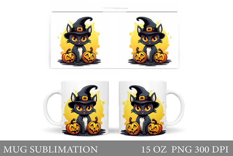 Black Cat Mug Wrap Sublimation. Halloween Mug Wrap Design