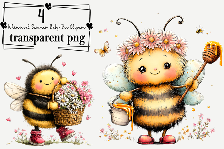 Whimsical Summer Baby Bee Clipart Watercolor PNG example image 1