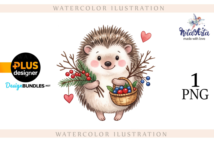 Watercolor illustration of Christmas hedgehogs