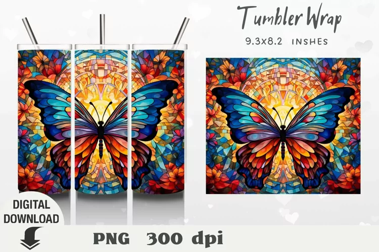 Butterfly Tumbler Wrap, Butterfly Sublimation, stained glass