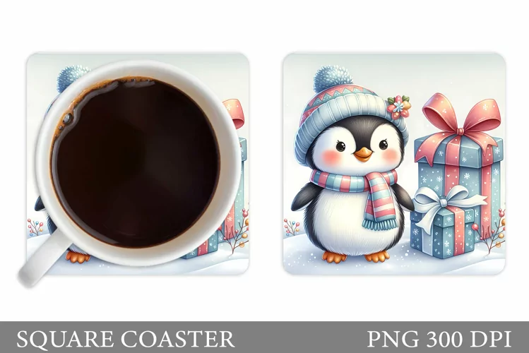 Cute Penguin Coaster Design. Christmas Coaster Sublimation