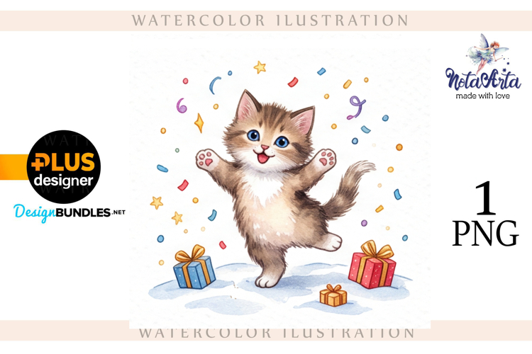 Christmas Kitten in Watercolor Style